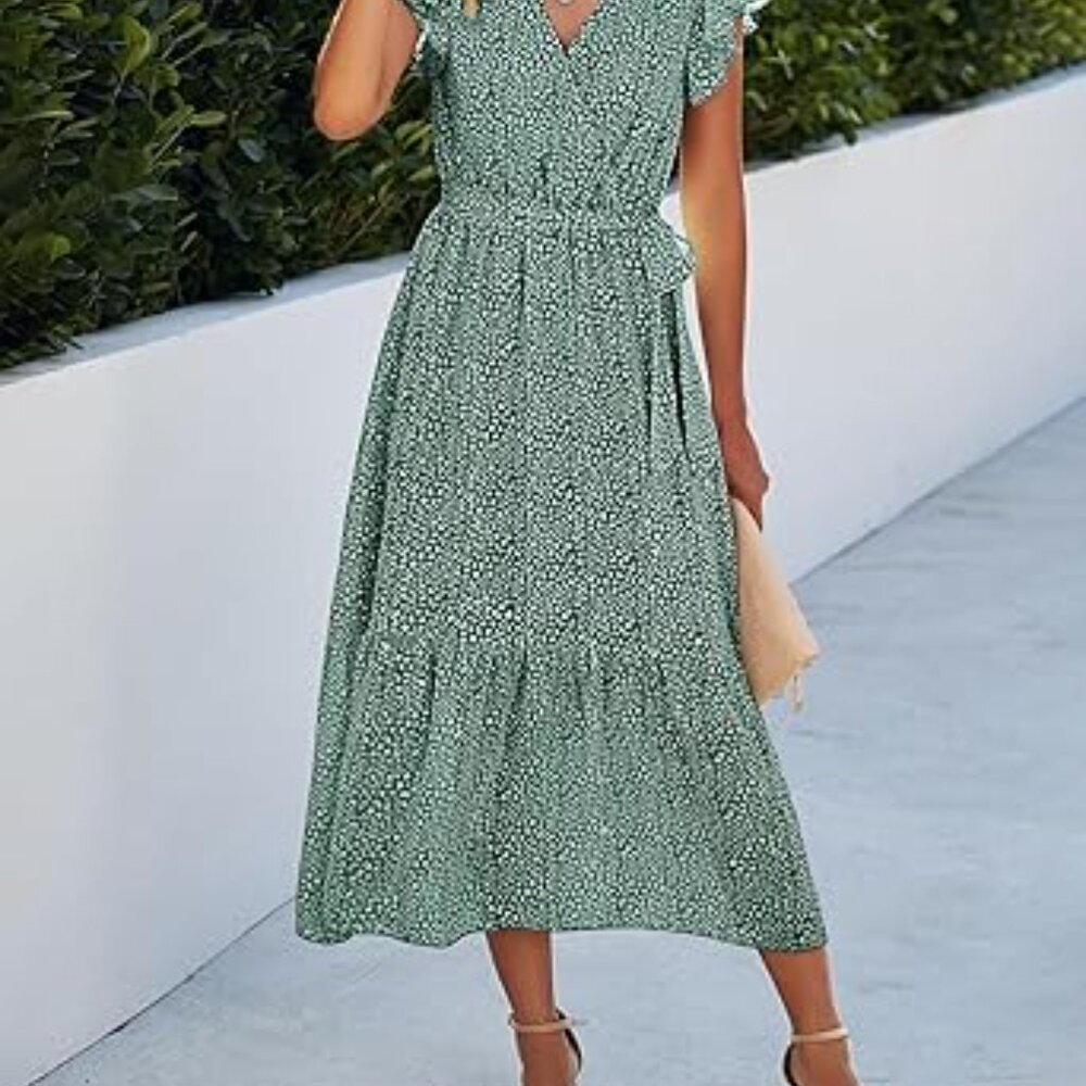 BTFBM Flutter Sleeve Wrap Maxi Dress in Sage Print Size XL